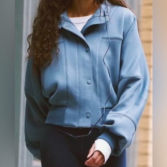 FP MOVEMENT FREE PEOPLE OFF TO THE RACES SKYLINE BLUE BOMBER JACKET LARGE NWOT - Picture 12 of 14